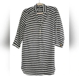 Gold Drama Black White Sheer Chevron Long Blouse Size M 1/4 Gold Button *Read